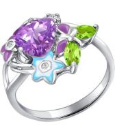 Серебряное кольцо SOKOLOV 92010500_s с эмалью с аметистом, фианитами, хризолитами