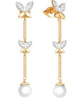 Золотые длинные серьги Ювелирные Традиции S142-4551 с жемчугом, фианитами