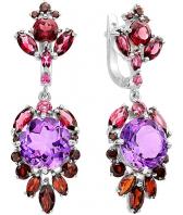 Серебряные длинные серьги Ювелирные Традиции S620-2936M7 с аметистами, гранатами, родолитами
