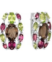 Серебряные серьги Ювелирные Традиции S620-3254M25 с хризолитами, раухтопазами, родолитами