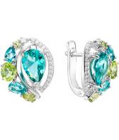 Серебряные серьги Ювелирные Традиции S620-4152M3 с искусственными параибами, хризолитами, фианитами