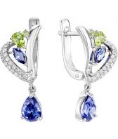 Серебряные серьги Ювелирные Традиции S620-4154M4 с искусственными танзанитами, хризолитами, фианитами