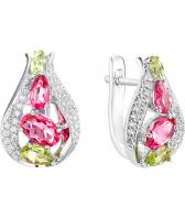 Серебряные серьги Ювелирные Традиции S620-4155M1 с искусственными рубеллитами, хризолитами, фианитами