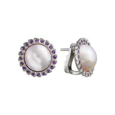 Серьги круглые из белого золота Эстет 01S379946-1 с аметистами, жемчугом 1