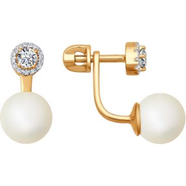 Золотые двухсторонние серьги шарики SOKOLOV 026692_s с жемчугом, фианитами 1 Золотые двухсторонние серьги шарики SOKOLOV 026692_s с жемчугом, фианитами 1