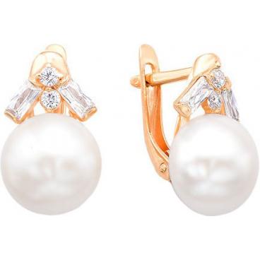 Золотые серьги De Fleur 22404A1 с жемчугом, фианитами 1 Золотые серьги De Fleur 22404A1 с жемчугом, фианитами 1