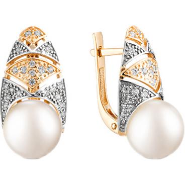 Золотые классические серьги De Fleur 32067.2A1 c жемчугом, фианитом 1 Золотые классические серьги De Fleur 32067.2A1 c жемчугом, фианитом 1