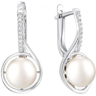 Серебряные серьги шарики De Fleur 52061S1 с жемчугом, фианитами 1 Серебряные серьги шарики De Fleur 52061S1 с жемчугом, фианитами 1