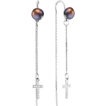 Серебряные серьги-протяжки De Fleur 52545S2 с жемчугом, фианитами 1 Серебряные серьги-протяжки De Fleur 52545S2 с жемчугом, фианитами 1