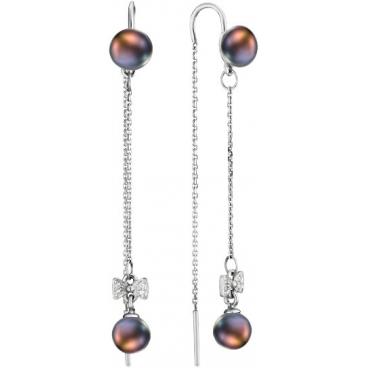 Серебряные серьги-протяжки De Fleur 52546S2 с жемчугом, фианитами 1 Серебряные серьги-протяжки De Fleur 52546S2 с жемчугом, фианитами 1