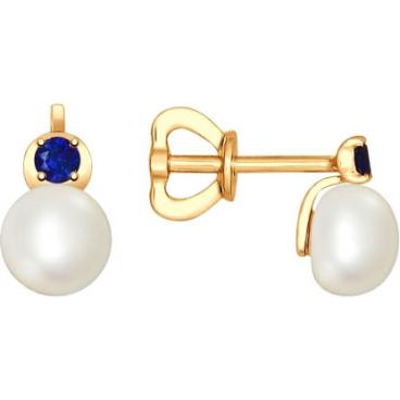 Золотые серьги шарики SOKOLOV 792056_s с жемчугом, корундами 1