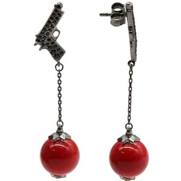 Серебряные длинные серьги aka.Hooliganka 8008.34_aka с кораллами, черными фианитами 1 Серебряные длинные серьги aka.Hooliganka 8008.34_aka с кораллами, черными фианитами 1