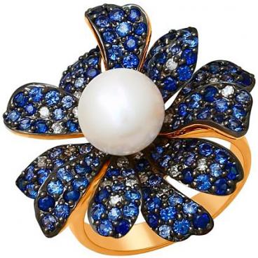 Золотое кольцо SOKOLOV 8010057_s с жемчугом, бриллиантами, корундами 1