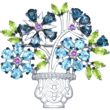Серебряная брошь Соколов 92040056_s с топазом, хризолитами, фианитами 1