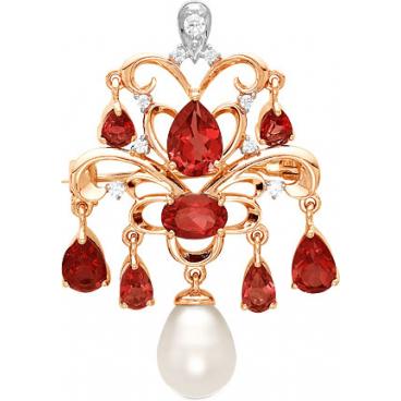 Брошь из золота Ювелирные Традиции BSH142-2901GR с жемчугом, гранатами, фианитами 1