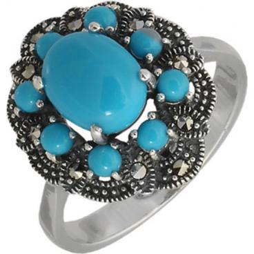 Серебряный перстень Национальное Достояние K-956-nd с марказитами, бирюзой 1 Серебряный перстень Национальное Достояние K-956-nd с марказитами, бирюзой 1