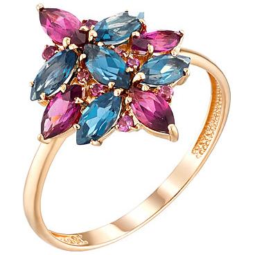 Золотое кольцо Ювелирные Традиции K120-4647M10 с топазами London Blue, родолитами 1