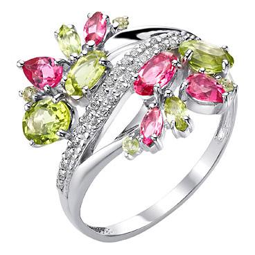 Серебряное кольцо Ювелирные Традиции K620-4149M1 с искусственными рубеллитами, хризолитами, фианитами 1