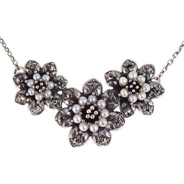 Серебряное колье цепь с подвесками Винтаж RKN076 с жемчугом, марказитами 1