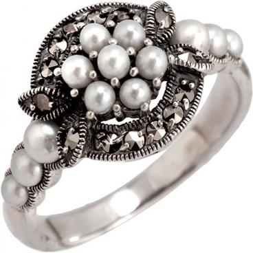 Серебряное кольцо Винтаж RKR019 с жемчугом, марказитами 1