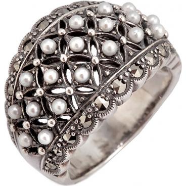Серебряное кольцо Винтаж RKR023 с жемчугом, марказитами 1