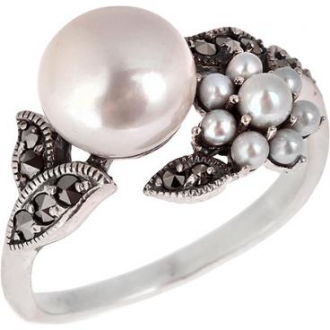 Серебряное кольцо Винтаж RKR029 с жемчугом,, марказитами 1