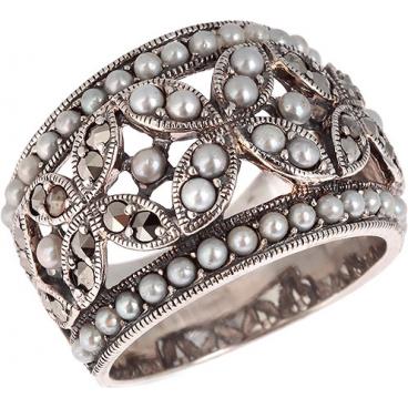 Серебряное кольцо Винтаж RKR040 с жемчугом, марказитами 1