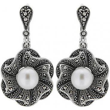 Серебряные длинные серьги Национальное Достояние S-913-nd с жемчугом, марказитами 1