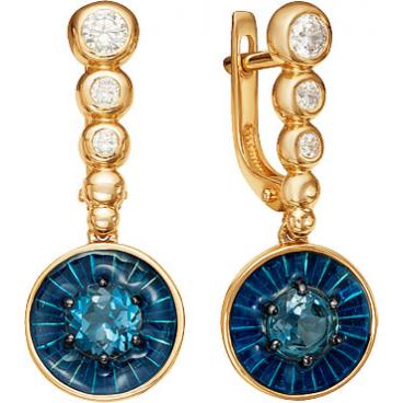 Золотые сережки с эмалью круглые Ювелирные Традиции S1213-4110TL с Лондон топазами, фианитами 1 Золотые сережки с эмалью круглые Ювелирные Традиции S1213-4110TL с Лондон топазами, фианитами 1