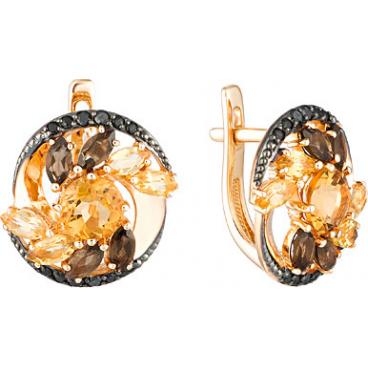 Золотые серьги круглые Ювелирные Традиции S124-4645M2 с цитринами, раухтопазами, фианитами 1