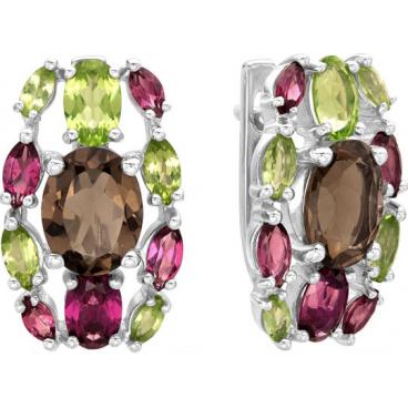 Серебряные серьги Ювелирные Традиции S620-3254M25 с хризолитами, раухтопазами, родолитами 1 Серебряные серьги Ювелирные Традиции S620-3254M25 с хризолитами, раухтопазами, родолитами 1