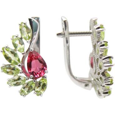 Серебряные серьги Ювелирные Традиции S620-3446M42 с искусственным рубеллитом, хризолитами 1