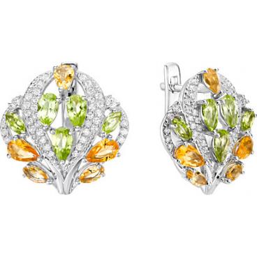 Серебряные серьги Ювелирные Традиции S620-4150M2 с цитринами, хризолитами, фианитами 1
