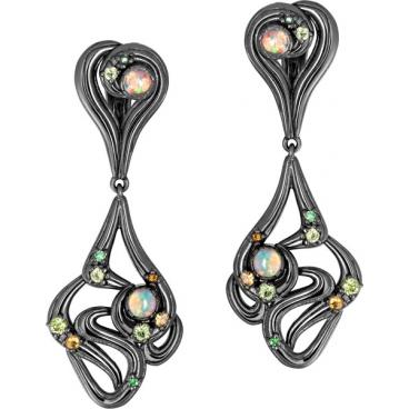 Серебряные длинные серьги Algenda SET7-E с хризолитами, цаворитами, цитринами, опалами 1