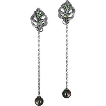 Серебряные длинные серьги Algenda SET8-E с цаворитами, жемчугом 1