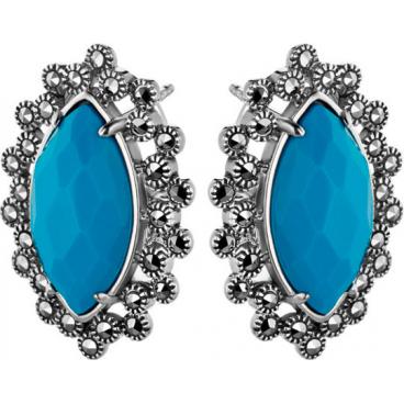 Серебряные серьги Винтаж TJE273 с бирюзой, марказитами Swarovski 1